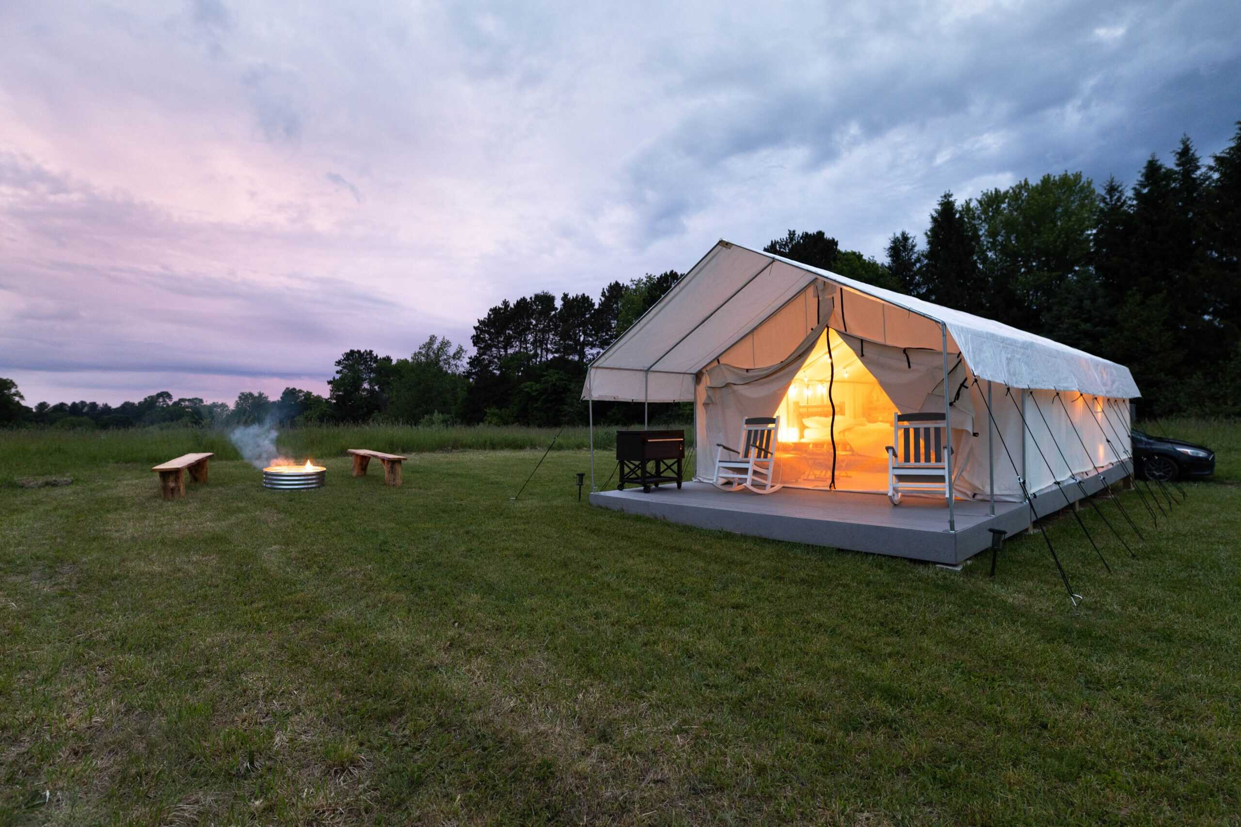 Glamping tent with campfire
